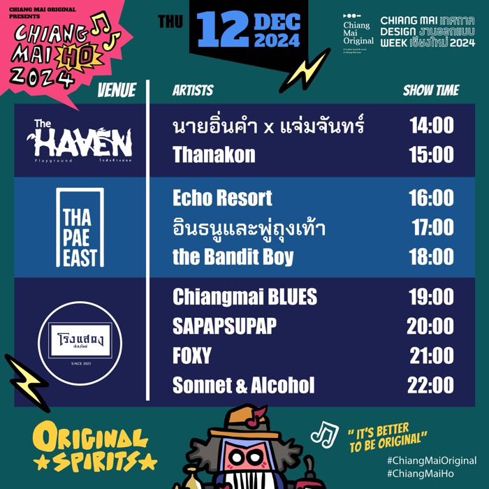 Dec 12 Chiang Mai Ho 2024 Schedule Chiang Mai Ho is held at 3 Venues on and around Thapae Road The Haven Thapae East and รงแสดง