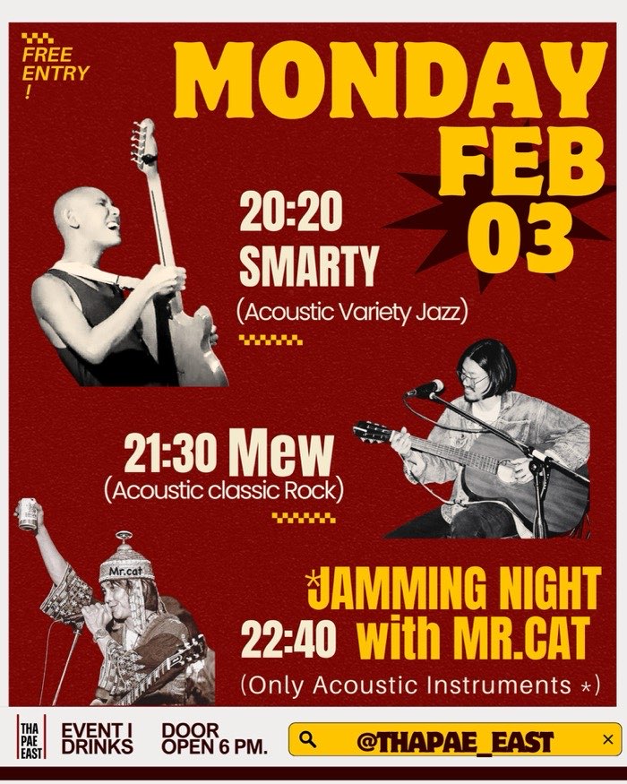 Monday Feb 3 Smarty plays acoustic jazz at 20h20 followed by Mew playing classic rock at 21h30 then the Jam with Mr Cat at 22h40