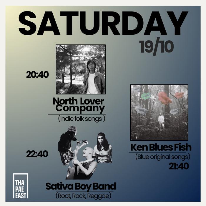 Saturday Oct 19 North Lover Company indie folk at 20h40 then Dr Kens Aquarium blues classic rock at21h40 then Sativa Boy roots rock reggae at 22h40