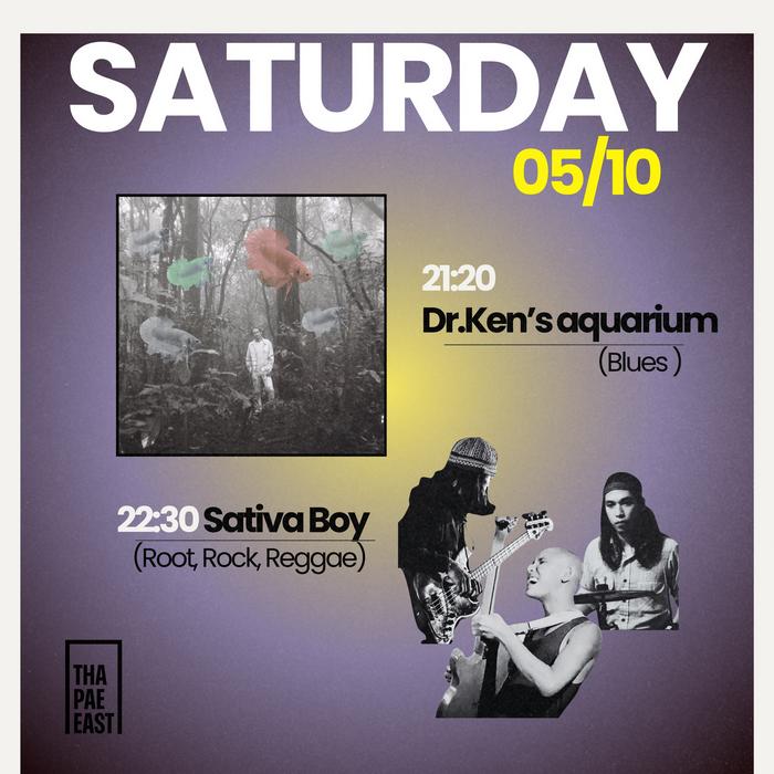 Saturday Oct 5 Dr Kens Aquarium blues classic rock at21h20 then Sativa Boy roots rock reggae at 22h30