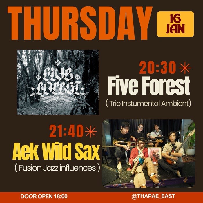 Thursday Jan 16 Five Forest play instrumental ambient at 20h30 then Aek Wild Sax play Aek's original jazz influenced music at 21h40