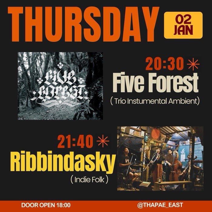 Thursday Jan 2 Five Forest play ambient instrumental at 20h30 then RibbindaSky play folk and pop at 21h30