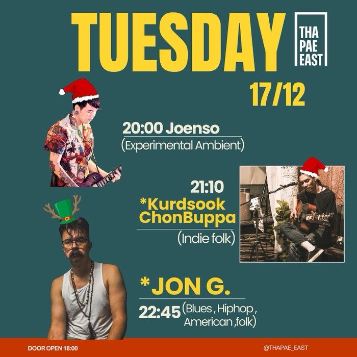 Tuesday Dec 17 Joe Enso plays experimental ambient at 20h then Kurdsook ChonBuppa plays indie folk at 21h10 thenJon G plays blues hip hop and American folk at 22h45