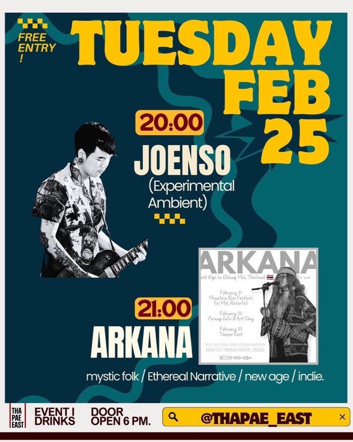 Tuesday Feb 25 has Joe Enso playing experimental ambient at 8pm, followed by Arkana playing mystic folk and reggae at 9pm