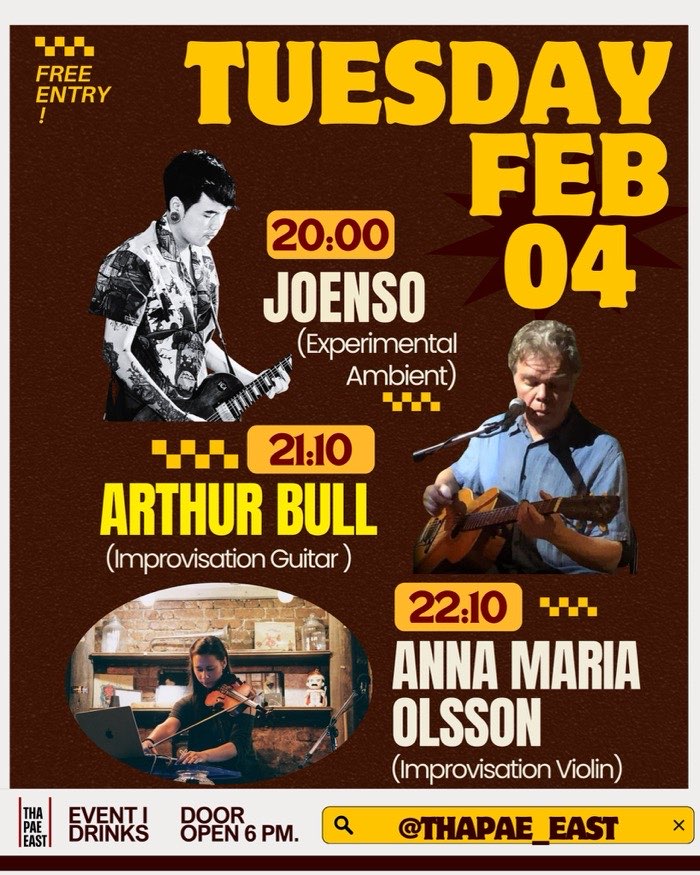 Tuesday Feb 4 Joe Enso plays experimental ambient at 20h then Arthur Bull plays improvised guitar at 21h10 followed by Anna Maria Olsson playing her original compositions on violin at 22h10