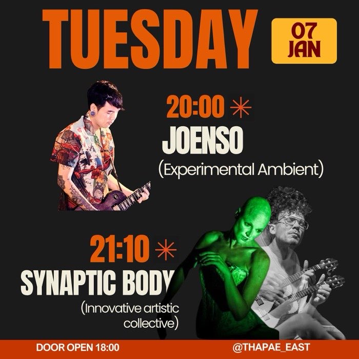 Tuesday Jan 7 Joe Enso plays experimental ambient at 20h then Synaptic Body collective perofrm at 21h10