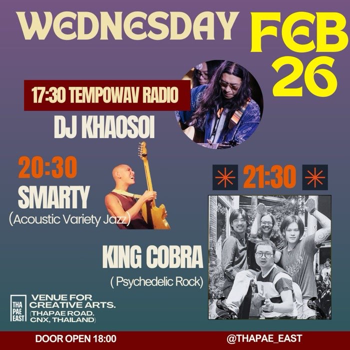 Wednesday Feb 26 Tempowav radio by DJ Khaosoi starts at 5,30pm then Smarty plays acoustiv jazz at 8,30pm followed by psychedelic rock from King Cobra at 9,30pm