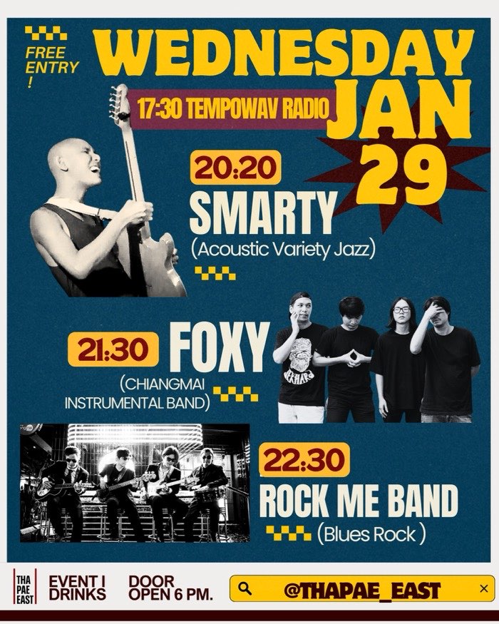 Wednesday Jan 29 Smarty plays acoustic jazz at 20h20 followed by FOXY playing alternative rock at 21h30 then Rock Me Band playing blues rock at 22h30