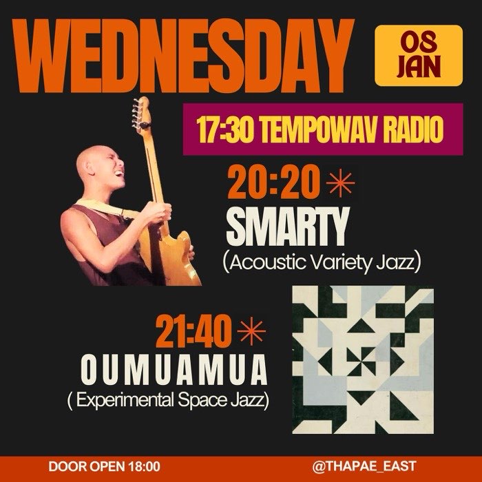 Wednesday Jan 8 Tempowav Radio is on from 17h30 then Smarty plays acoustic jazz at 20h20 followed by Oumuamua playing the music of Sun Ra at 21h40