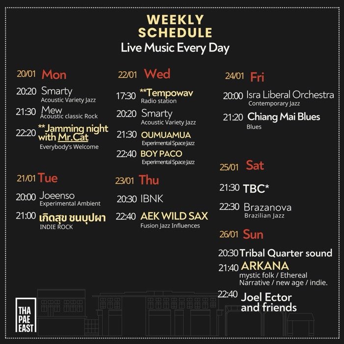 Weekly Live music Schedule at Thapae East for Jan 20 to Jan 26